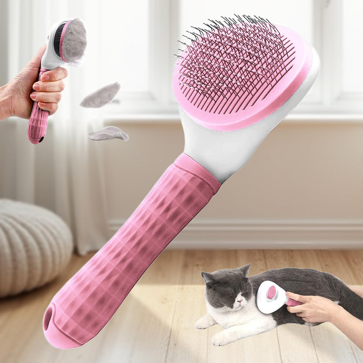 Leash pet self-cleaning brush front view in pink
