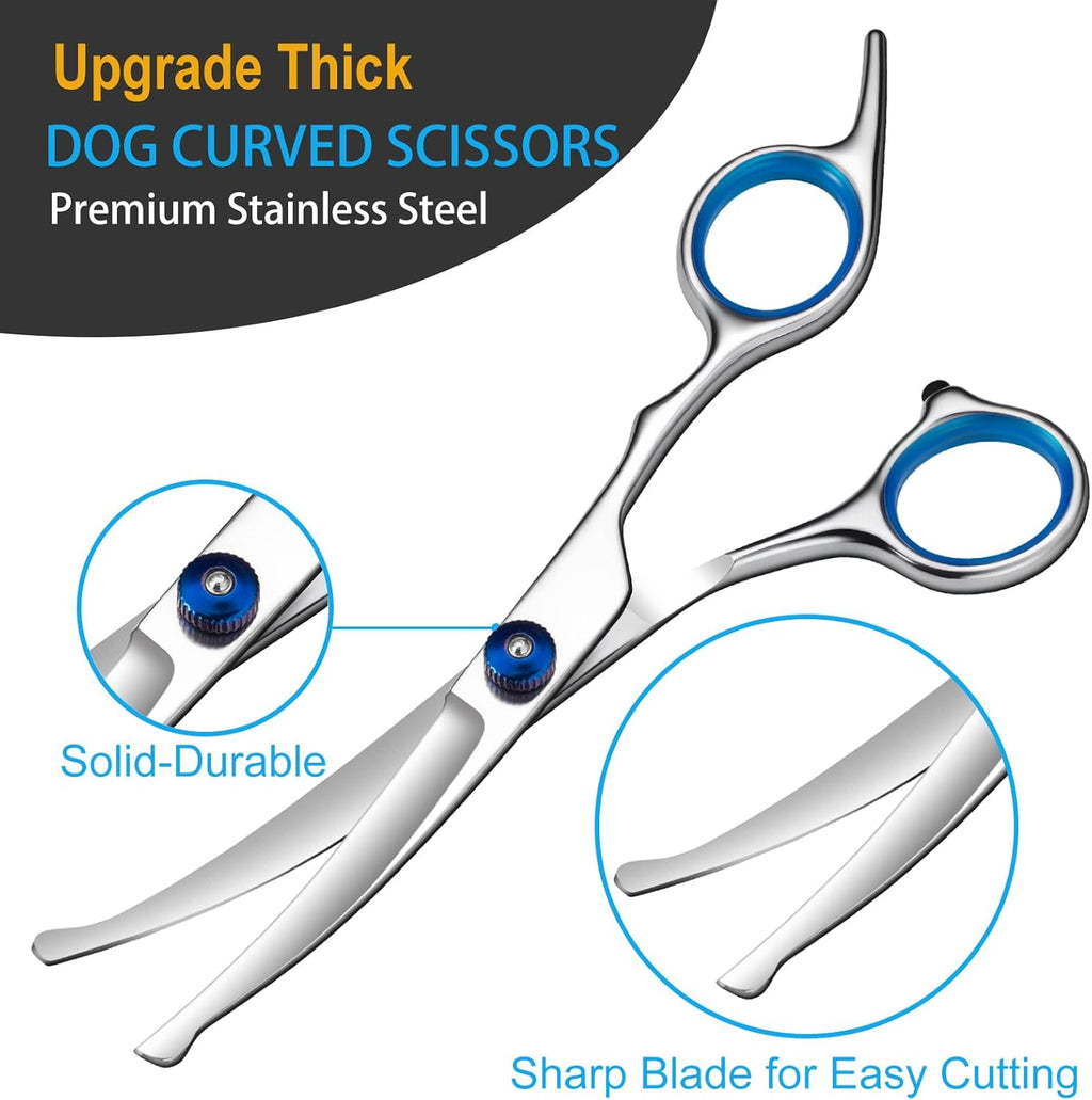 Lengnoyp curved dog grooming scissors showcasing ergonomic blue handles with rubber bumpers