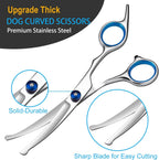 Lengnoyp curved dog grooming scissors showcasing ergonomic blue handles with rubber bumpers