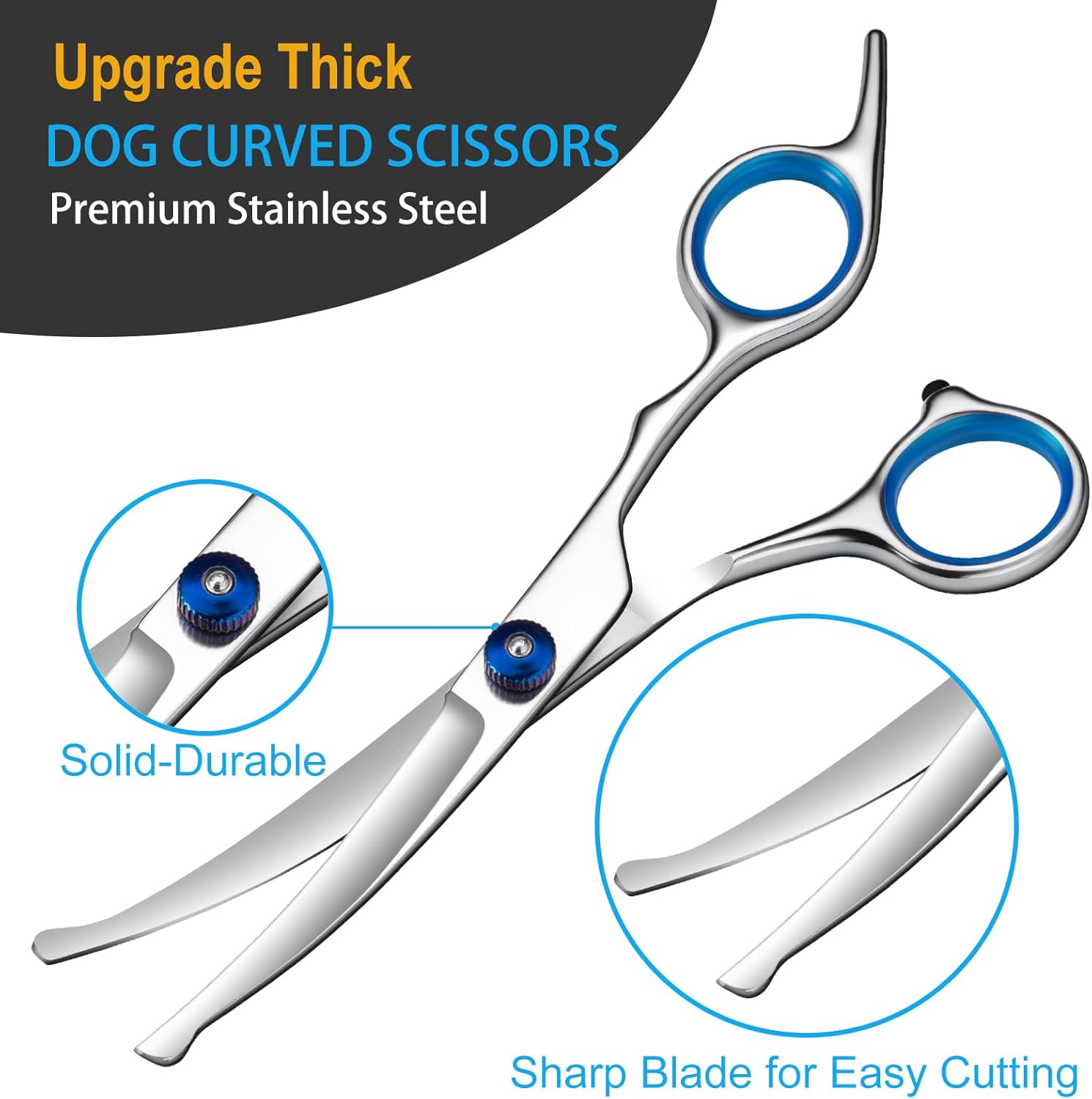 Lengnoyp curved dog grooming scissors showcasing ergonomic blue handles with rubber bumpers