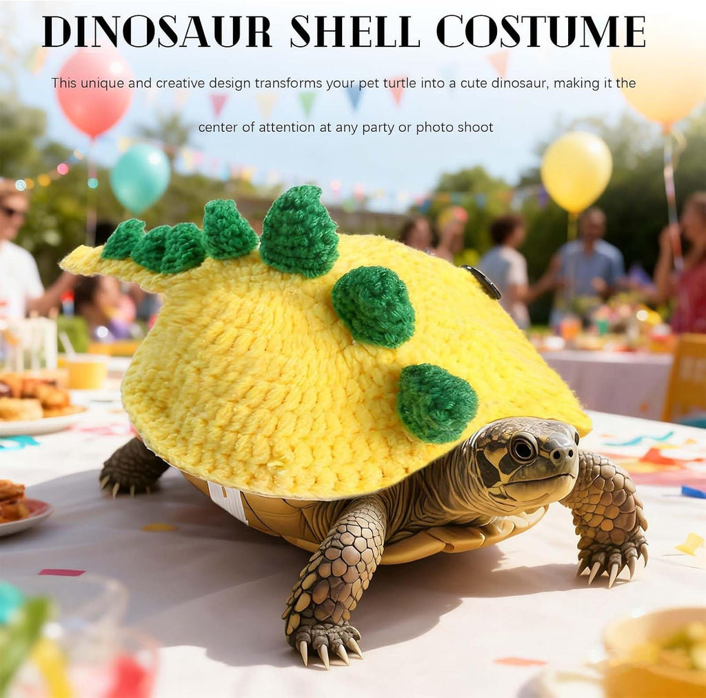 Handmade crochet tortoise apparel featuring 3D dinosaur spikes and adjustable strap details.