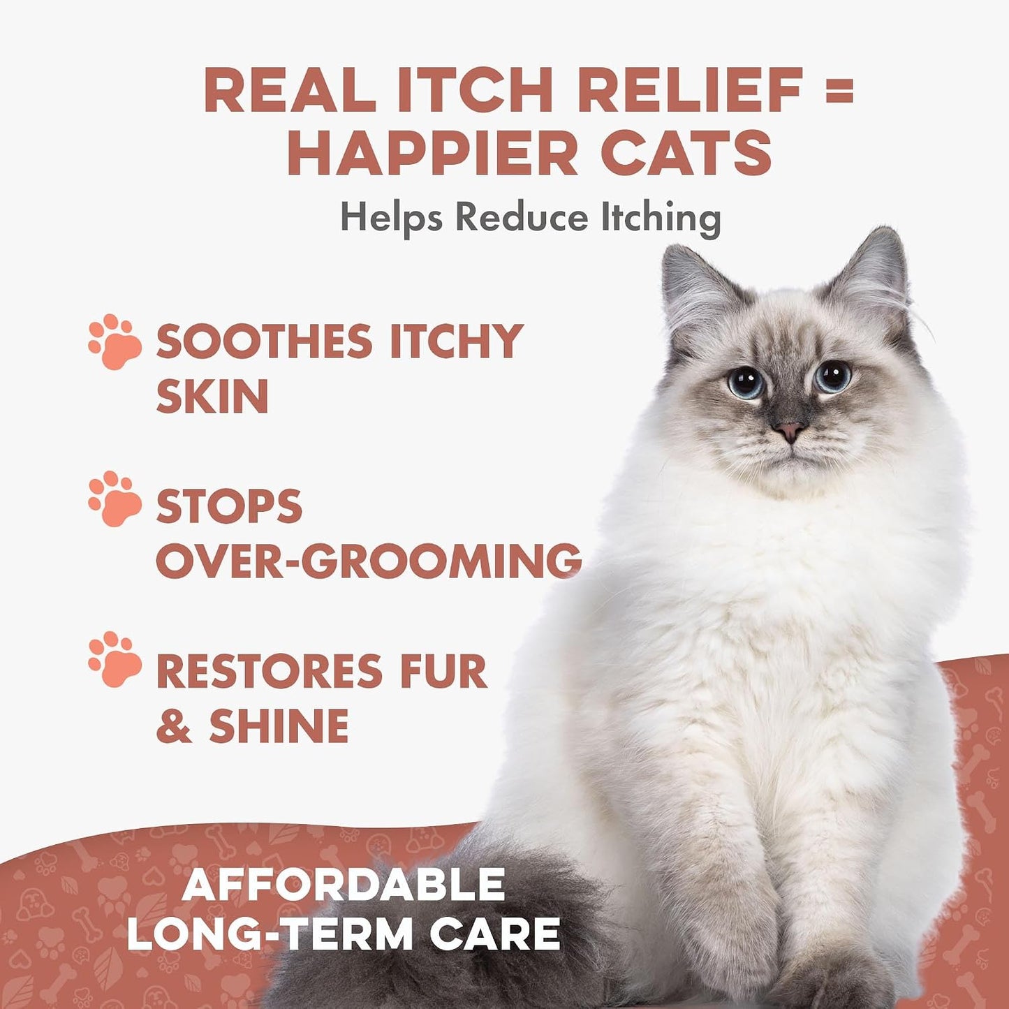 Odorless and tasteless cat skin relief pills next to a healthy cat.