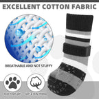 Dog wearing Kooltail socks on hardwood floor