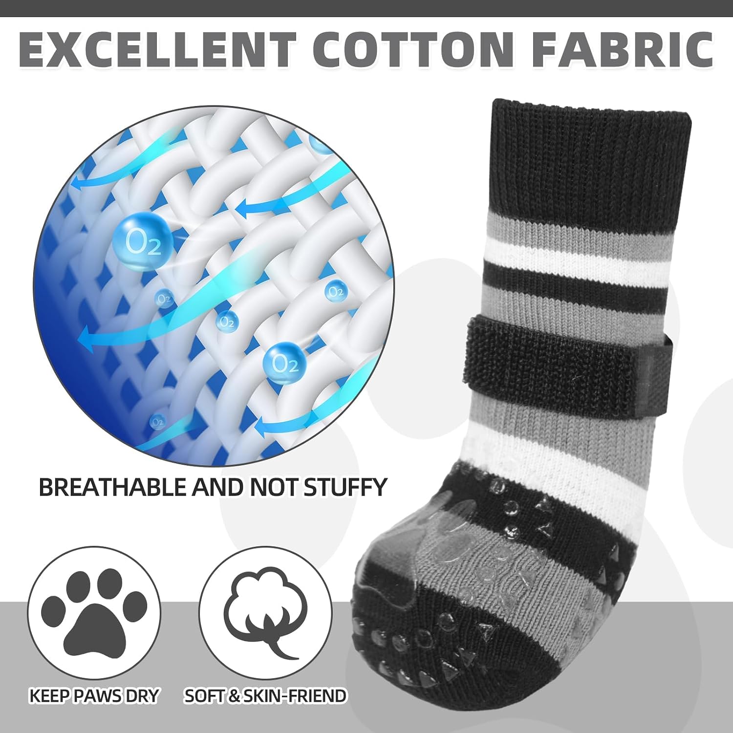 Dog wearing Kooltail socks on hardwood floor