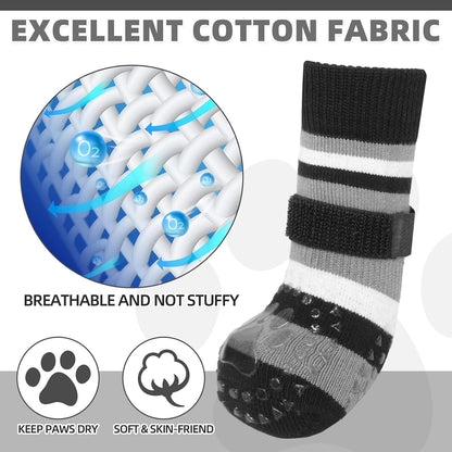 Dog wearing Kooltail socks on hardwood floor
