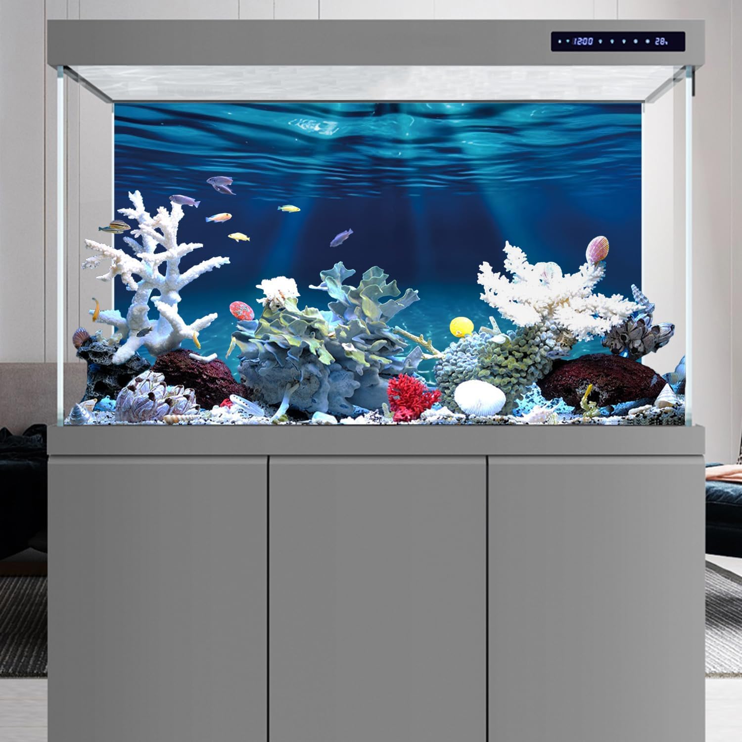 AWERT 48x24 inches undersea theme fish tank backdrop demonstrating realistic marine caustic light patterns.