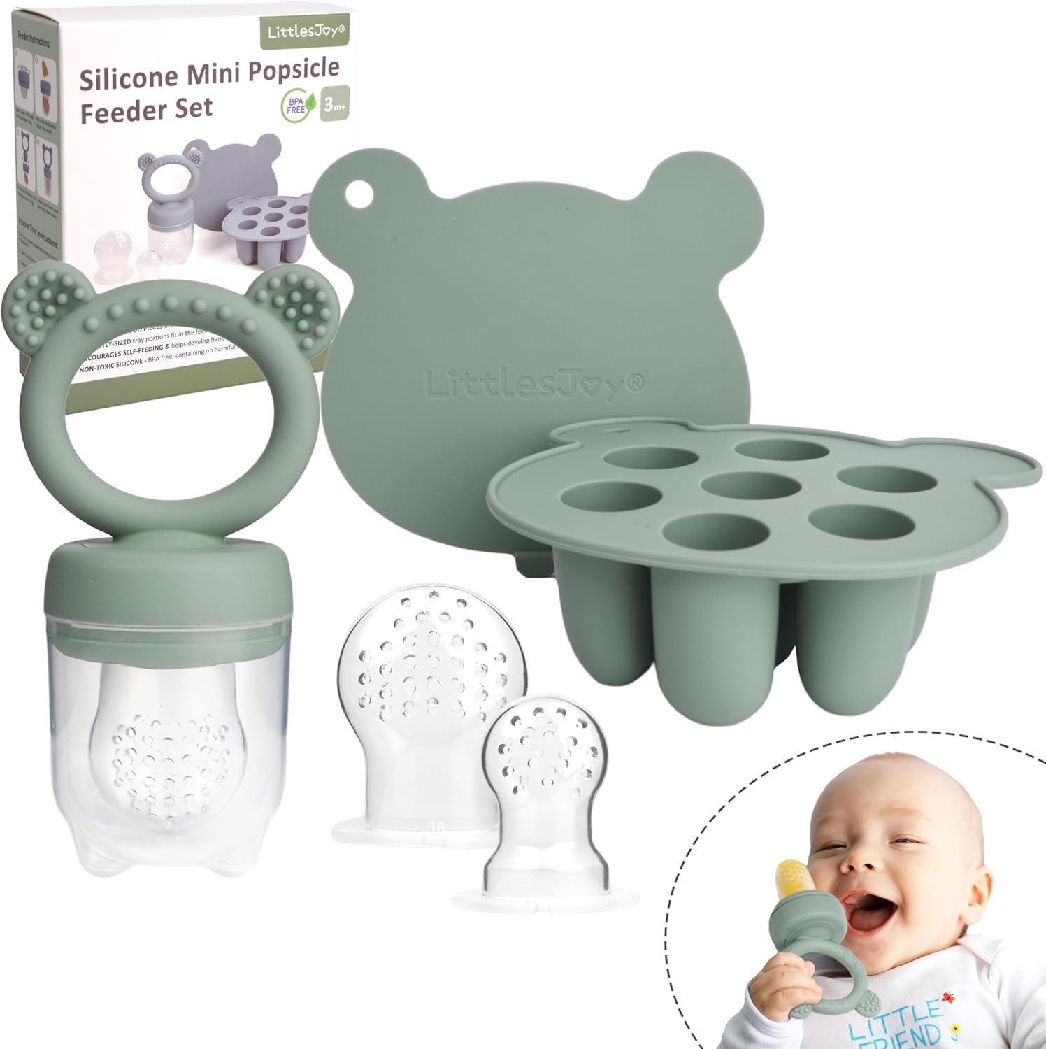 LittlesJoy silicone baby fruit feeder in sage green front view