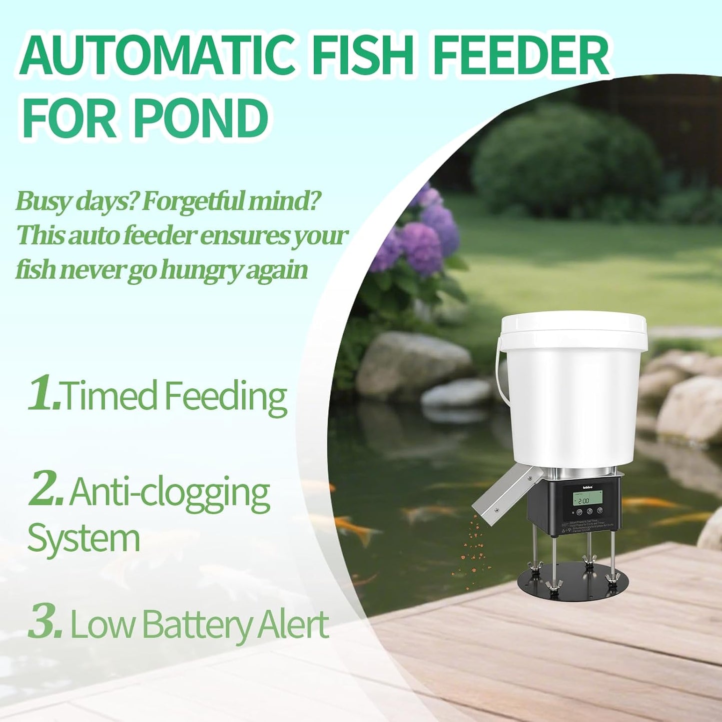 Briidea outdoor pond food dispenser showing waterproof housing and secure lid closure
