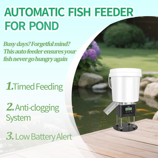 Briidea outdoor pond food dispenser showing waterproof housing and secure lid closure