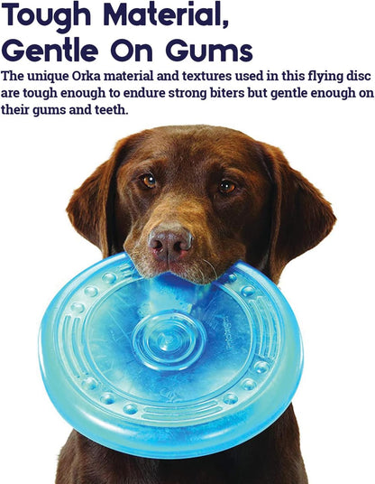 Petstages Orka Flyer blue disc held in hand for scale