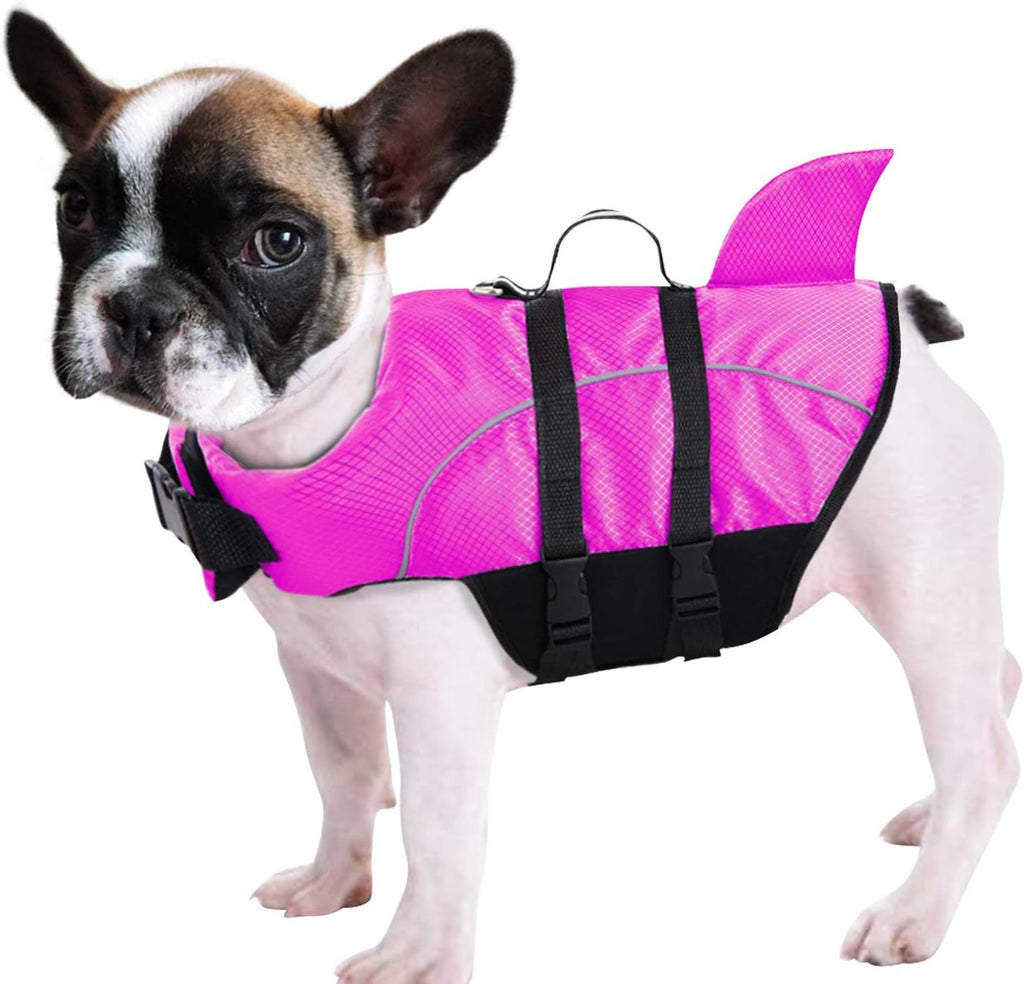 Queenmore ripstop dog life jacket in rose red front view highlighting the adjustable neck straps for swimming safety.