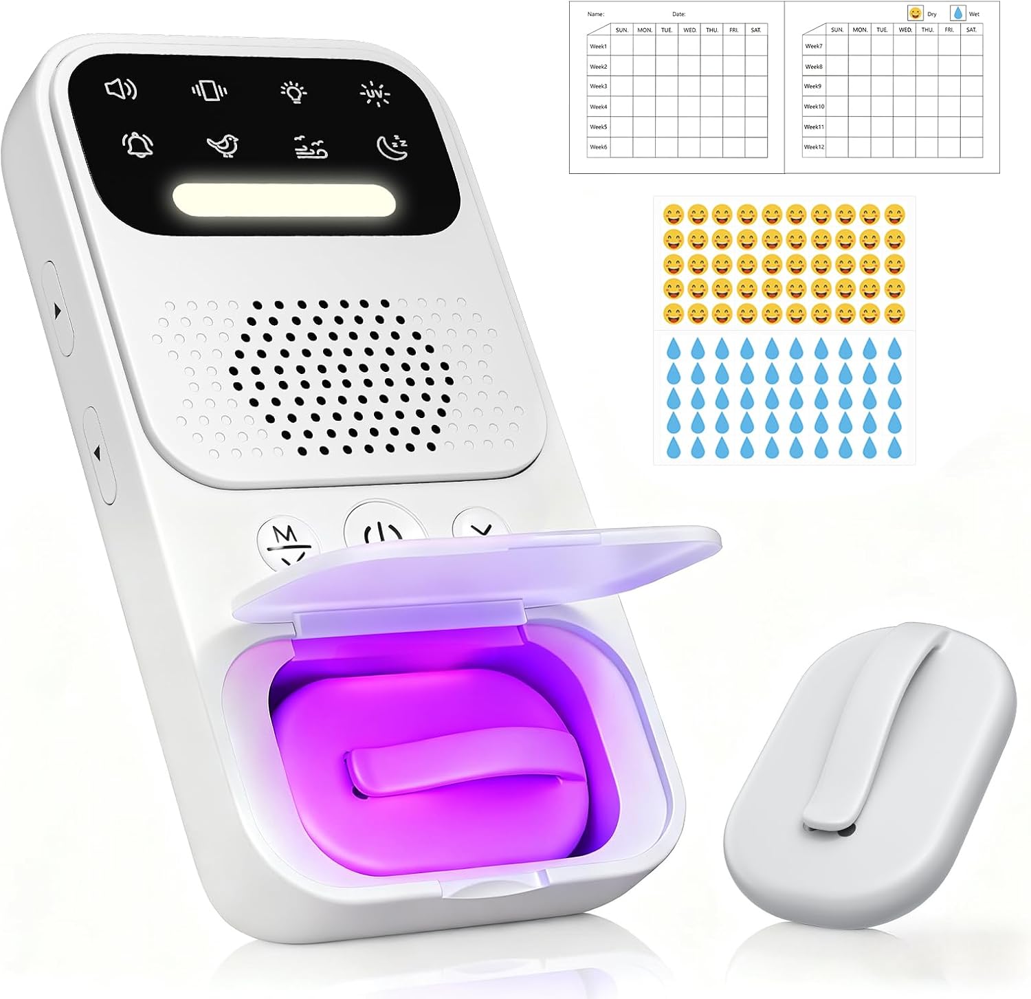NantFun Wireless Bedwetting Alarm front view showing receiver and transmitter units.