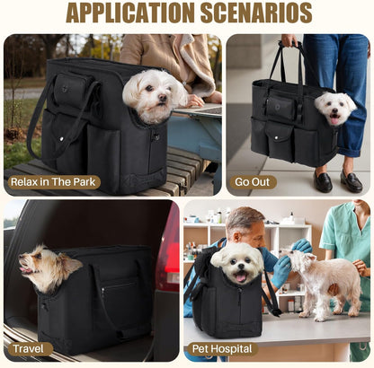 Small dog resting inside SlowTon travel purse
