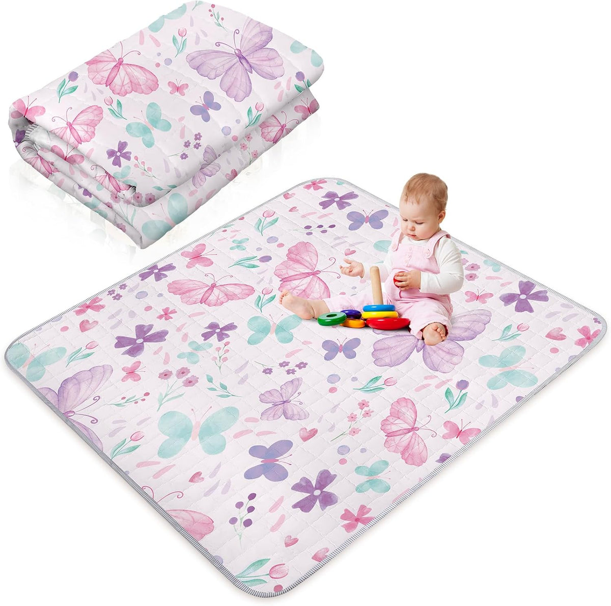 Funtery boho butterfly baby play mat front view featuring pastel floral and butterfly pattern.