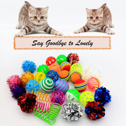 LASOCUHOO variety pack of pet-safe kitten balls scattered on floor