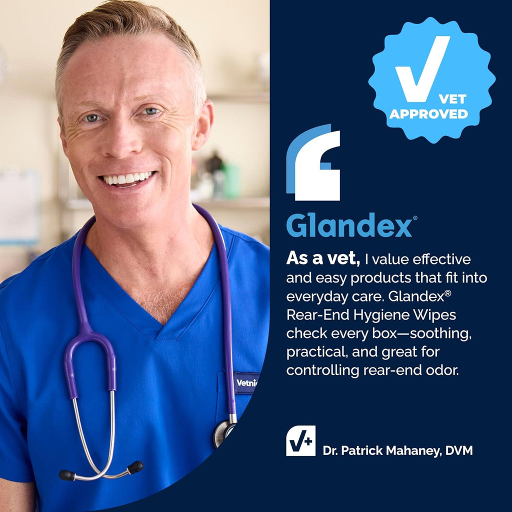 Infographic showing Vetnique Glandex pet wipes usage for paws and rear ends