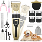 RAF FrutPunch Dog Grooming Kit front view showcasing the black and gold cordless pet hair trimmer and interchangeable shaving head.