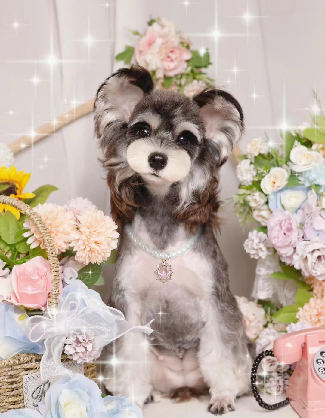 Small dog wearing Daovace pink pearl rhinestone necklace