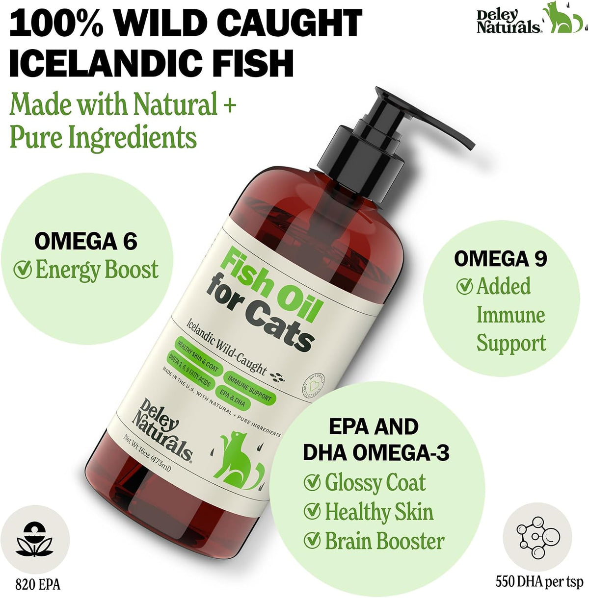 Deley Naturals cat omega 3 liquid supplement bottle highlighting skin and coat benefits