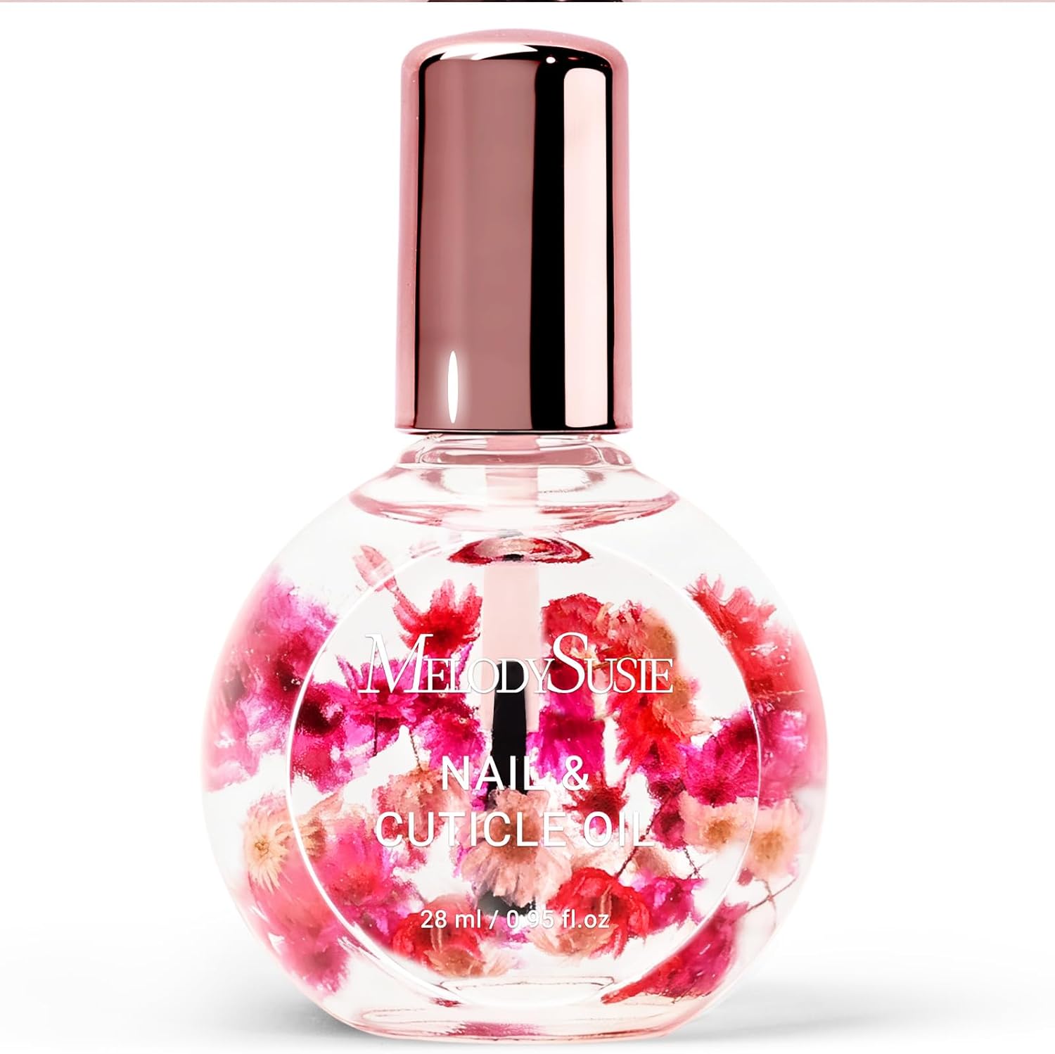 MelodySusie Rose Cuticle Oil bottle with real flowers.