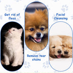 Gentle facial tear stain and eye gunk cleaning comb being used around a puppy's eyes.