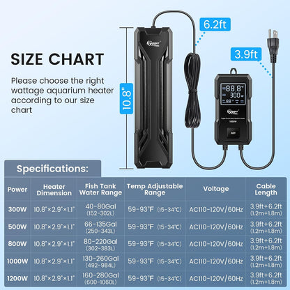Heating power and rod dimensions suitable for 40 to 80 gallon marine fish tanks