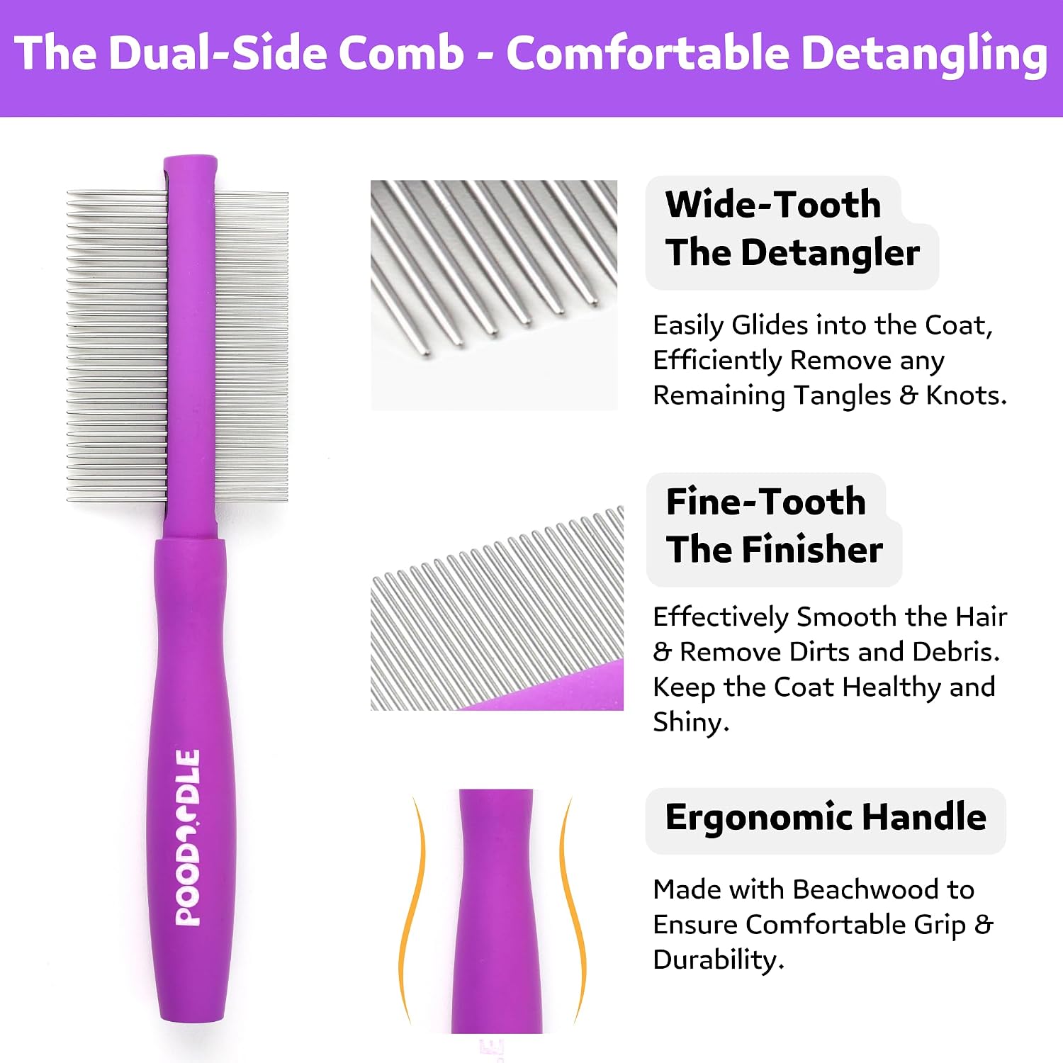 Close up of Poodoodle pet grooming kit ergonomic handles