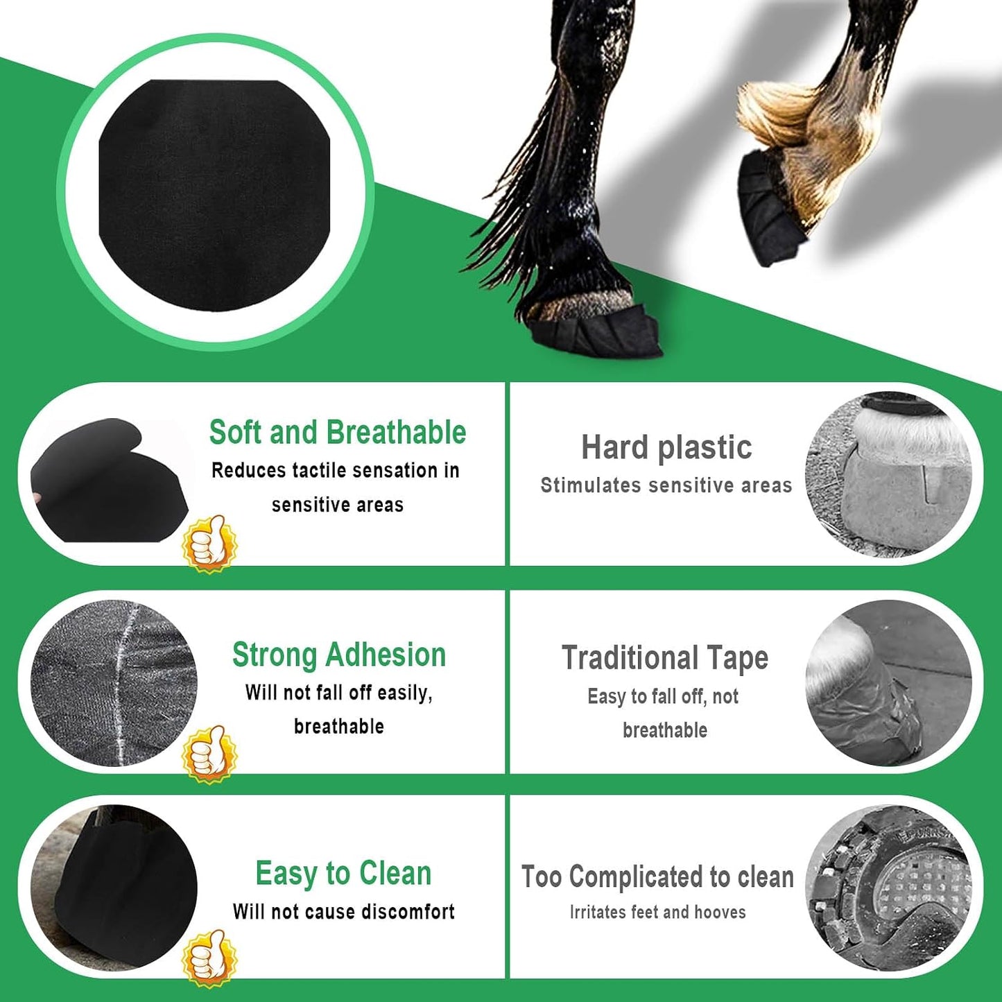 Three rolls of waterproof black veterinary wrap bandages for secure horse hoof packaging.