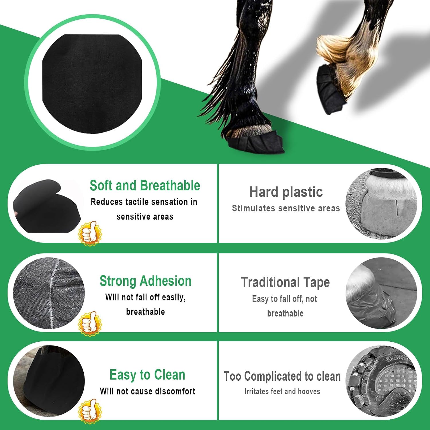 Three rolls of waterproof black veterinary wrap bandages for secure horse hoof packaging.