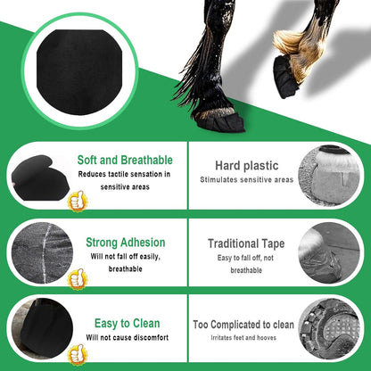 Three rolls of waterproof black veterinary wrap bandages for secure horse hoof packaging.