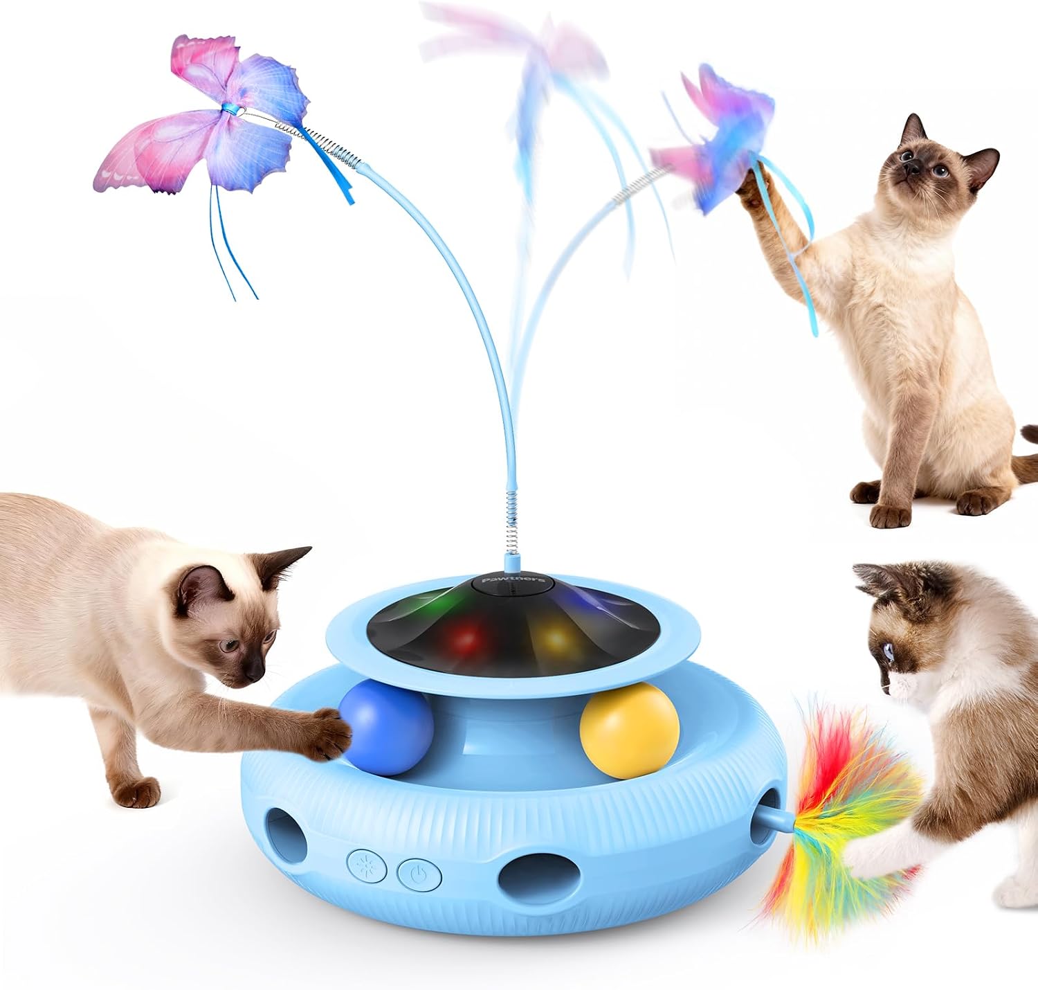 Multi-functional automatic cat entertainment center with rotating butterfly accessories