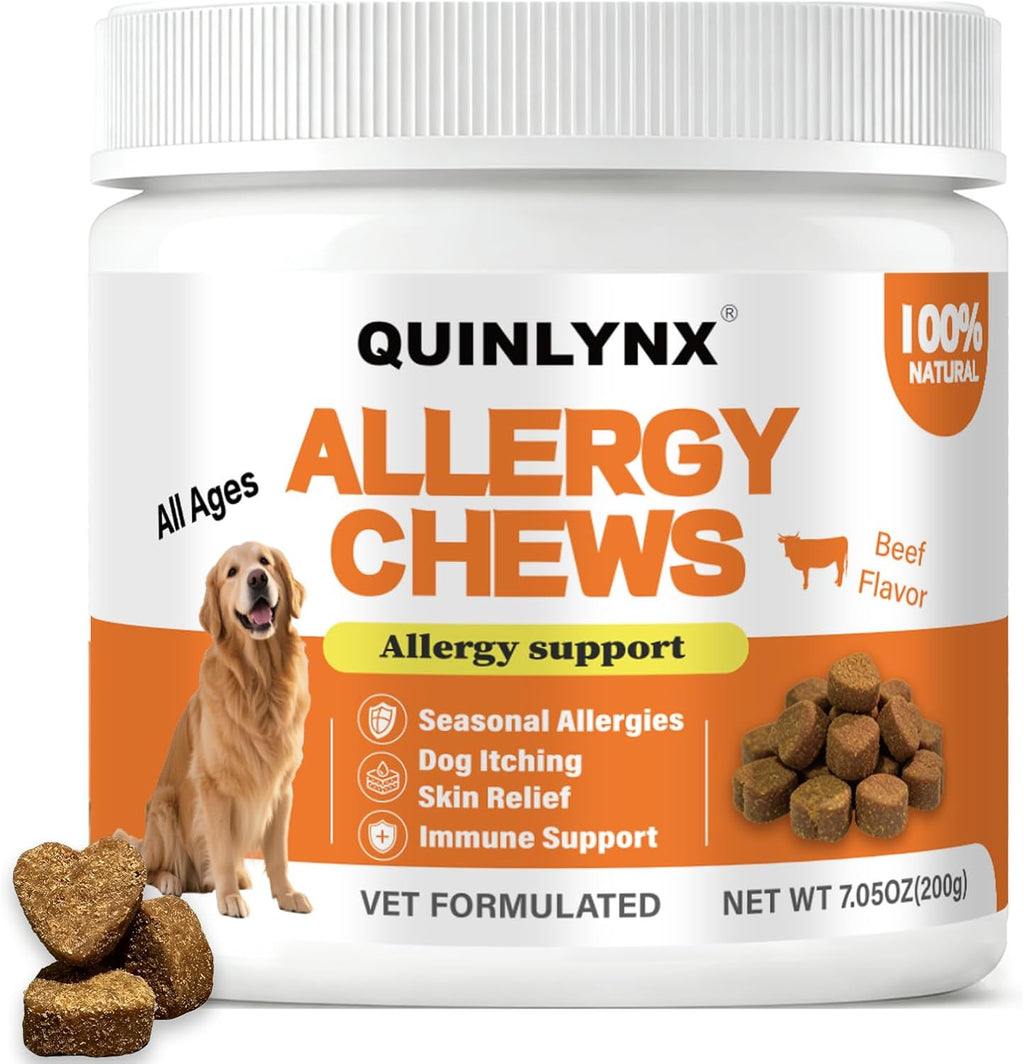 Weallin Pet Royale Quinlynx Dog Allergy Relief Chews front view of the beef flavor bottle