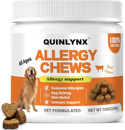 Weallin Pet Royale Quinlynx Dog Allergy Relief Chews front view of the beef flavor bottle