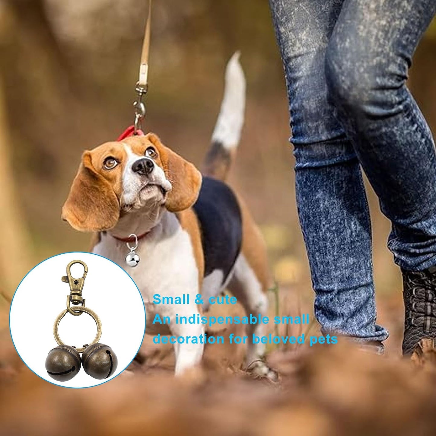 Waziaqoc copper dog and cat bells with stainless steel snap clip accessory close up.
