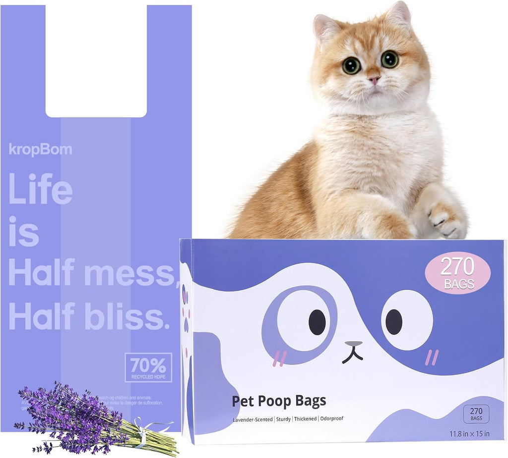 Infused lavender scent illustration next to the purple pet disposal bags