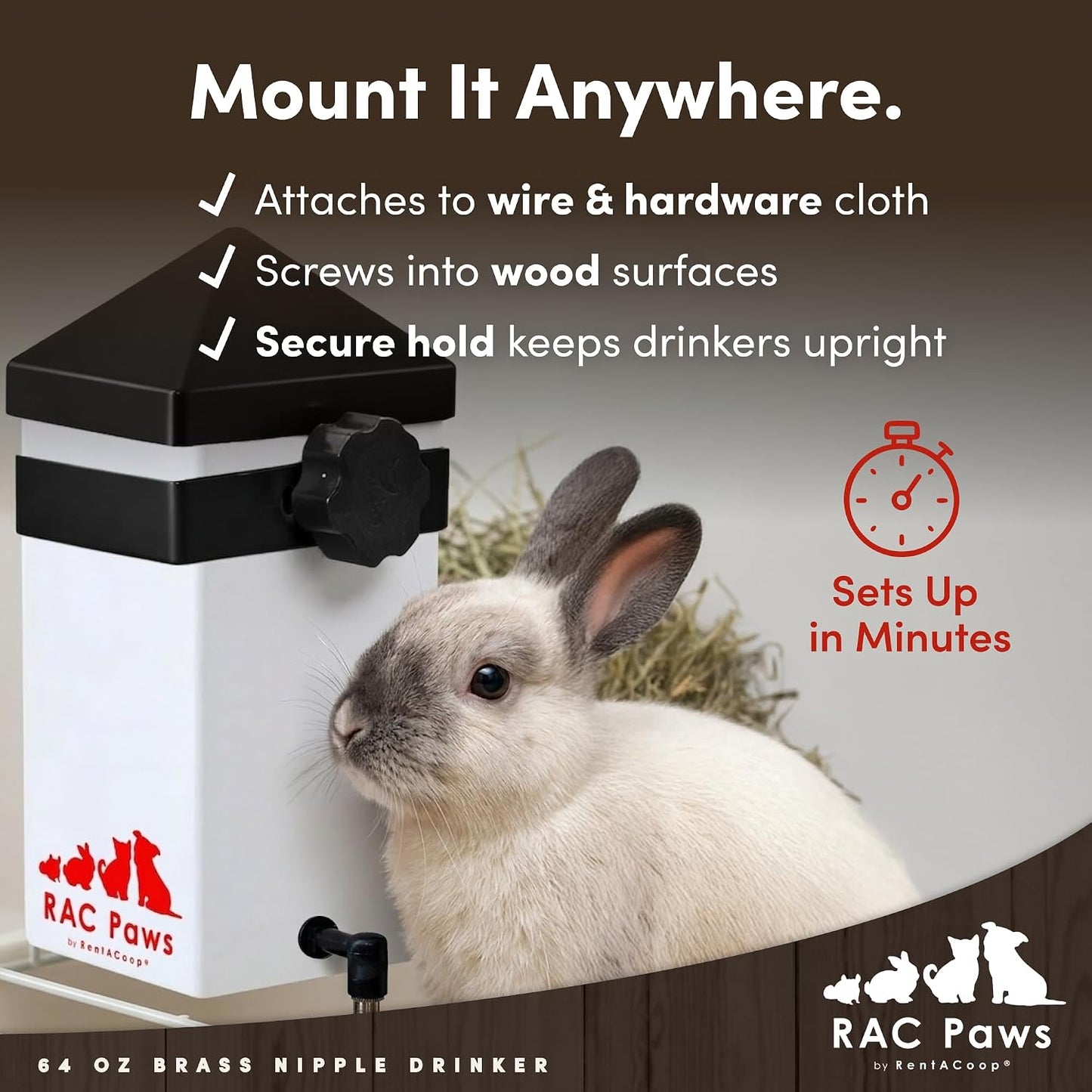 RentACoop 64oz (2 Liter) Small Animal Drinker with No-Drip Brass Nipple- Water Dispenser Suitable for Small Pets, Bunnies, Hamsters, Guinea Pigs, Rabbits, Chinchillas, Gerbil, Mice and Rats - Image 5