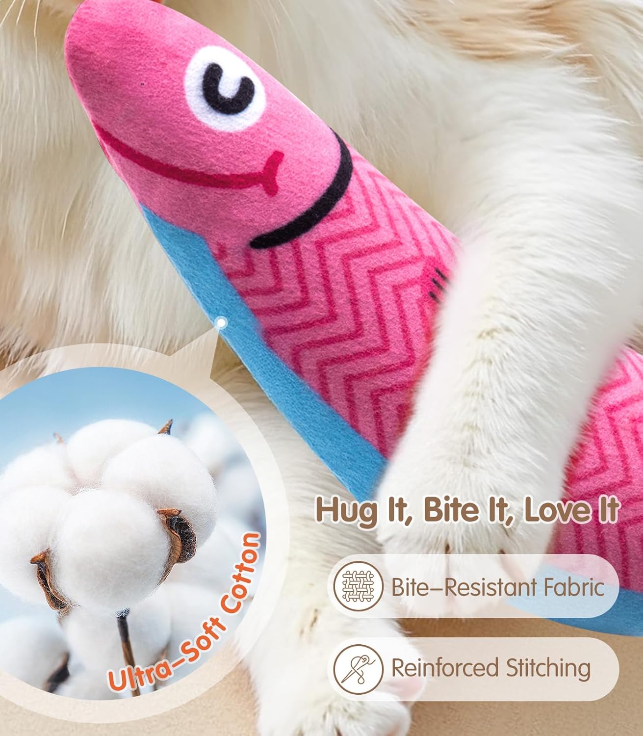 PetBusy organic catnip infused fish toy for relieving indoor cat boredom.