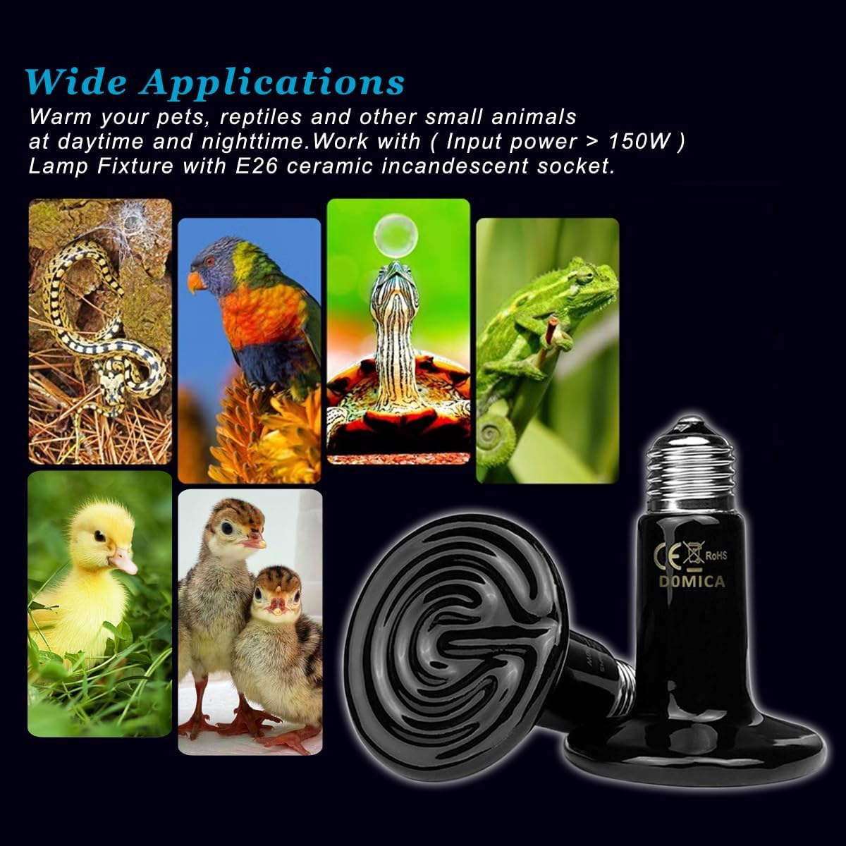 Packaging contents displaying the two pack of imported 150 Watt ceramic bulbs.