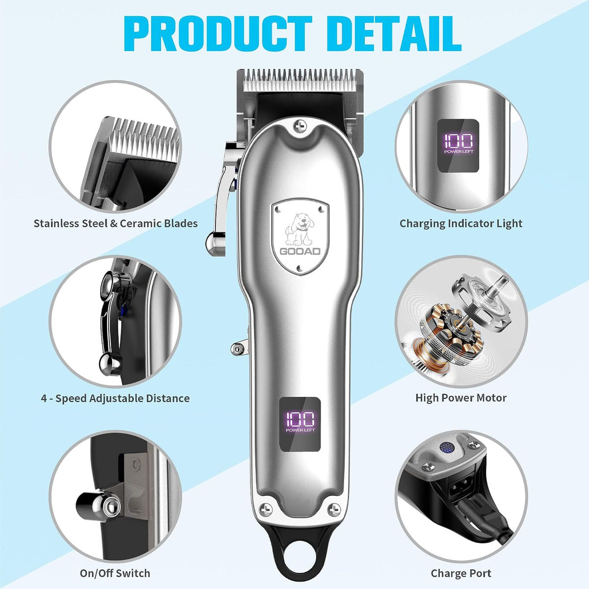 Gooad pet hair trimmer showing the stainless steel blade close up.