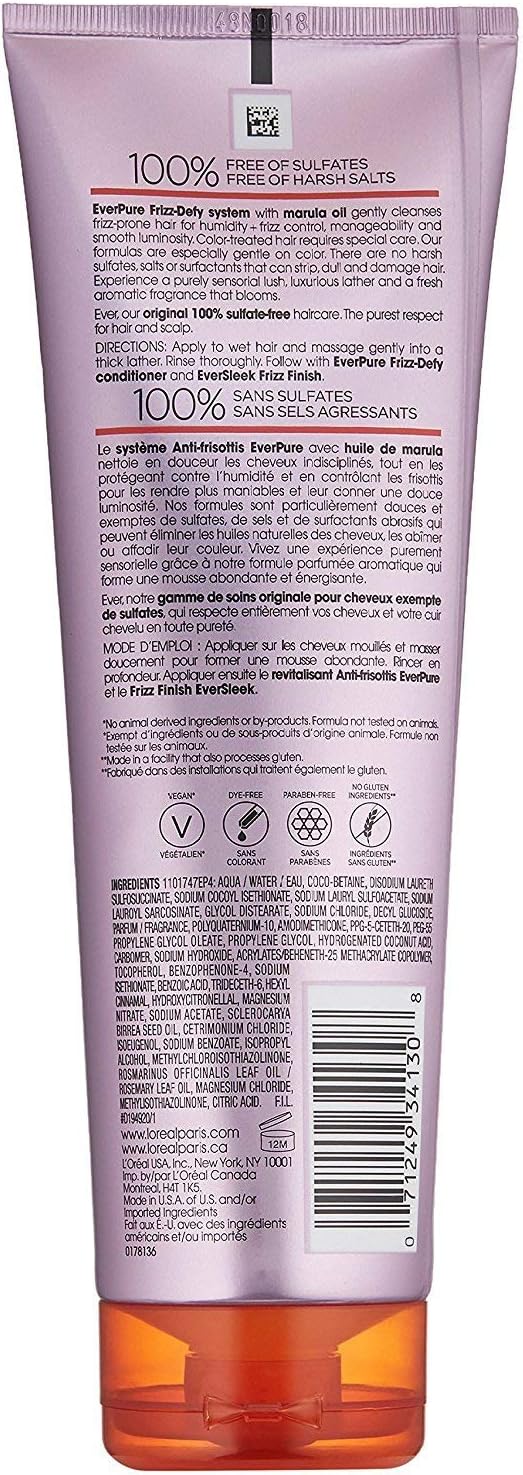 Back view of L'Oreal Paris EverPure anti-frizz shampoo displaying ingredients and USA import labeling.