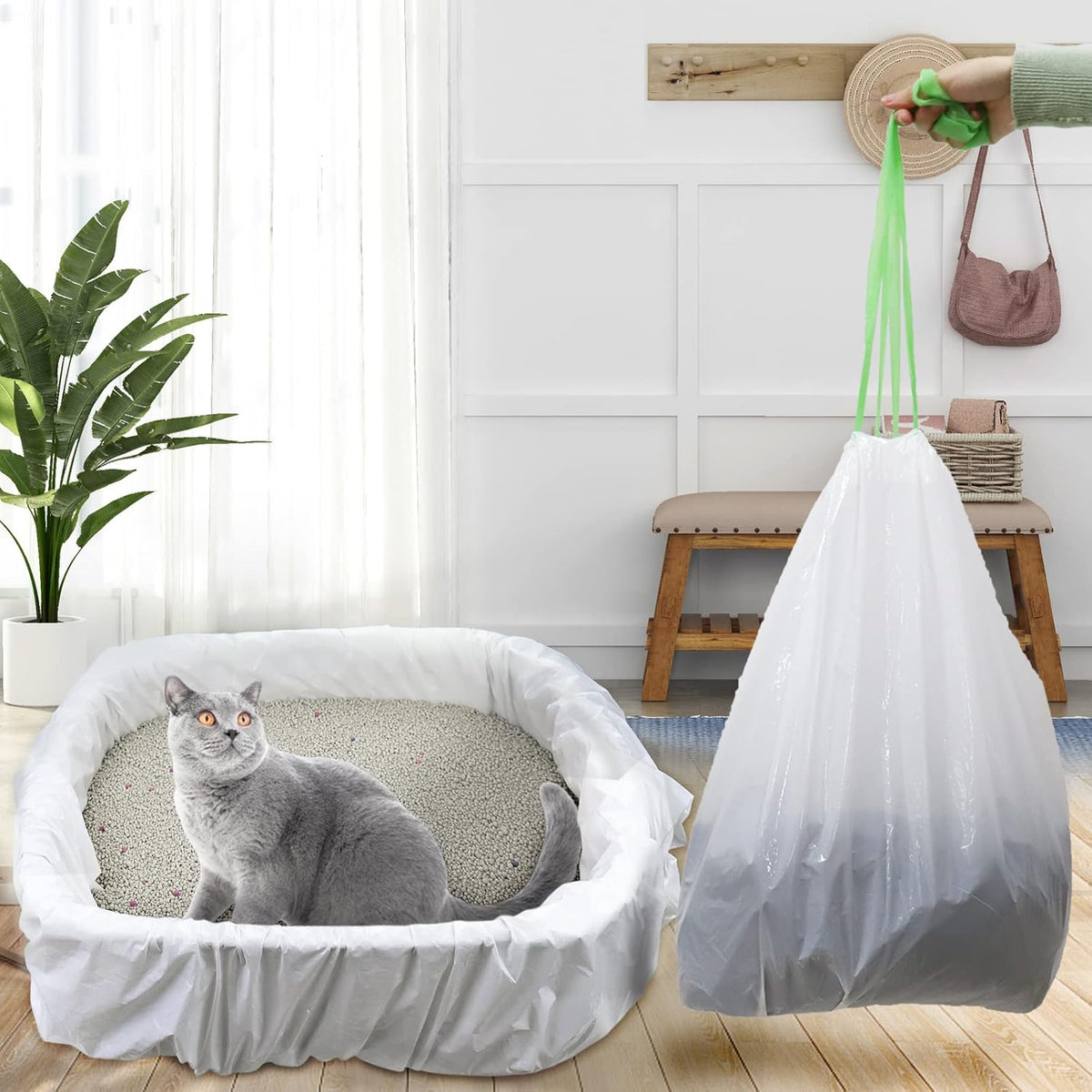 Pack of seven cat waste bags containing six sifting liners and one solid liner