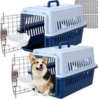 Maxdot 19 inch travel pet carrier front view showing blue hard plastic shell and metal wire door
