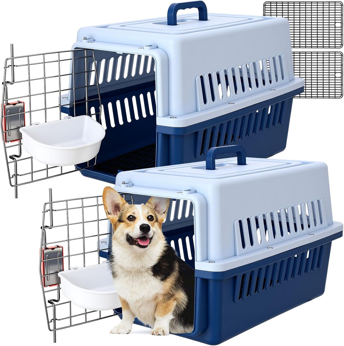 Maxdot 19 inch travel pet carrier front view showing blue hard plastic shell and metal wire door