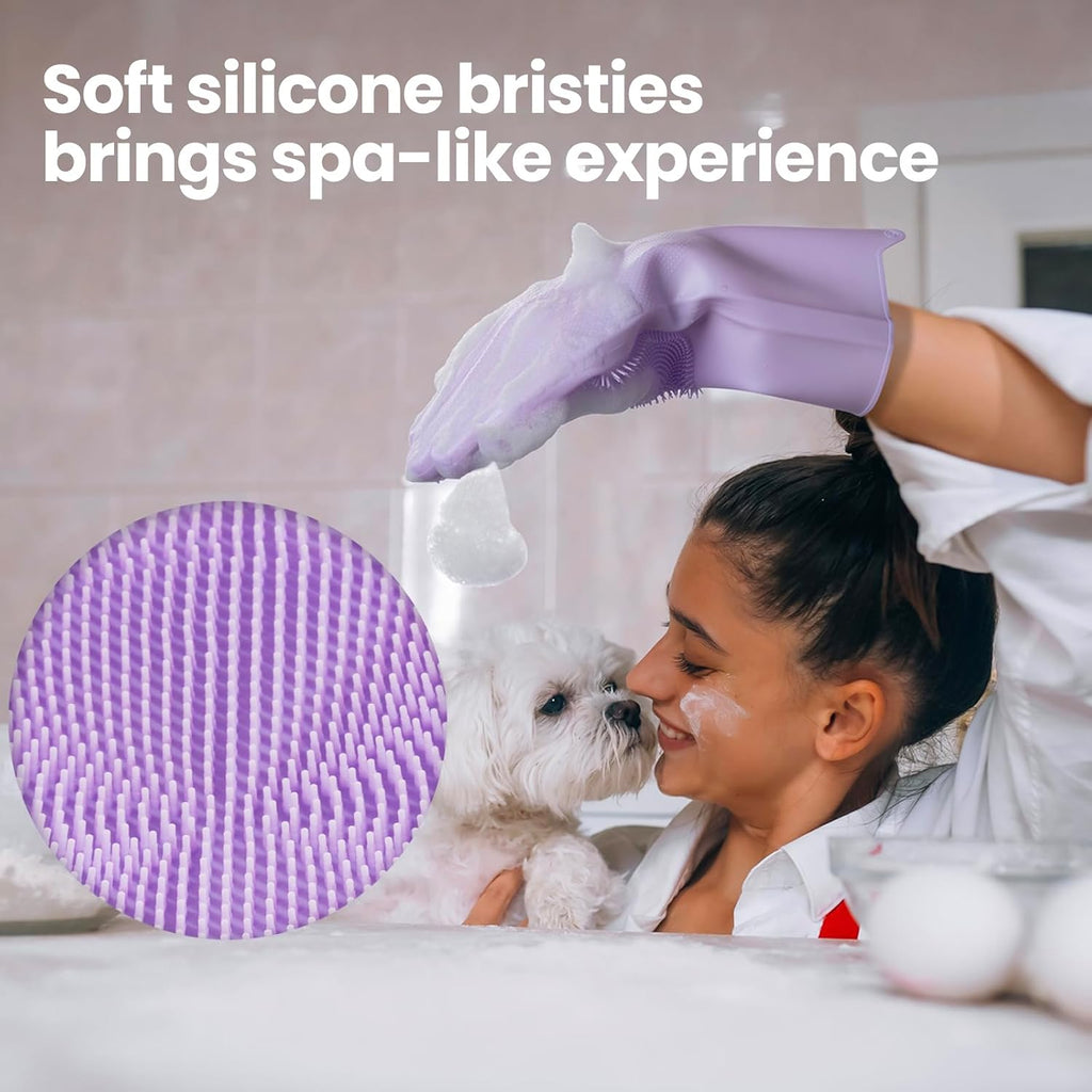 DELOMO Pet Grooming Gloves 1 Pair: Soft and Gentle Silicone Dog Washing Gloves - Bathing Scrubber Brush Mitt Grooming Shedding Fur Removal Massage for Dogs/Cats/Horse, Purple - Image 4