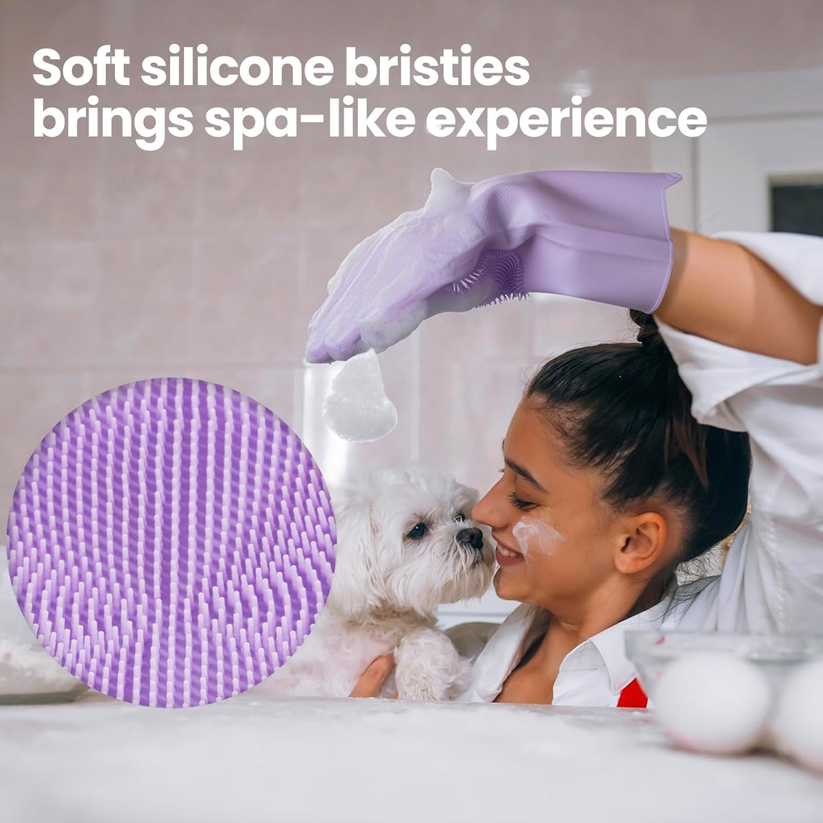 DELOMO Pet Grooming Gloves 1 Pair: Soft and Gentle Silicone Dog Washing Gloves - Bathing Scrubber Brush Mitt Grooming Shedding Fur Removal Massage for Dogs/Cats/Horse, Purple - Image 4
