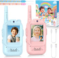 YUSSBCU kids video walkie talkie front view showing the pink and blue rechargeable devices with integrated screens