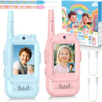 YUSSBCU kids video walkie talkie front view showing the pink and blue rechargeable devices with integrated screens