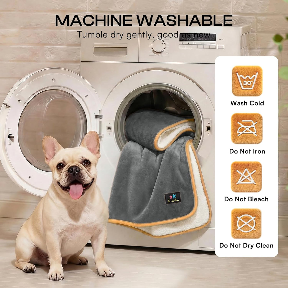 Machine washable dog bed cover being placed into a washing machine.