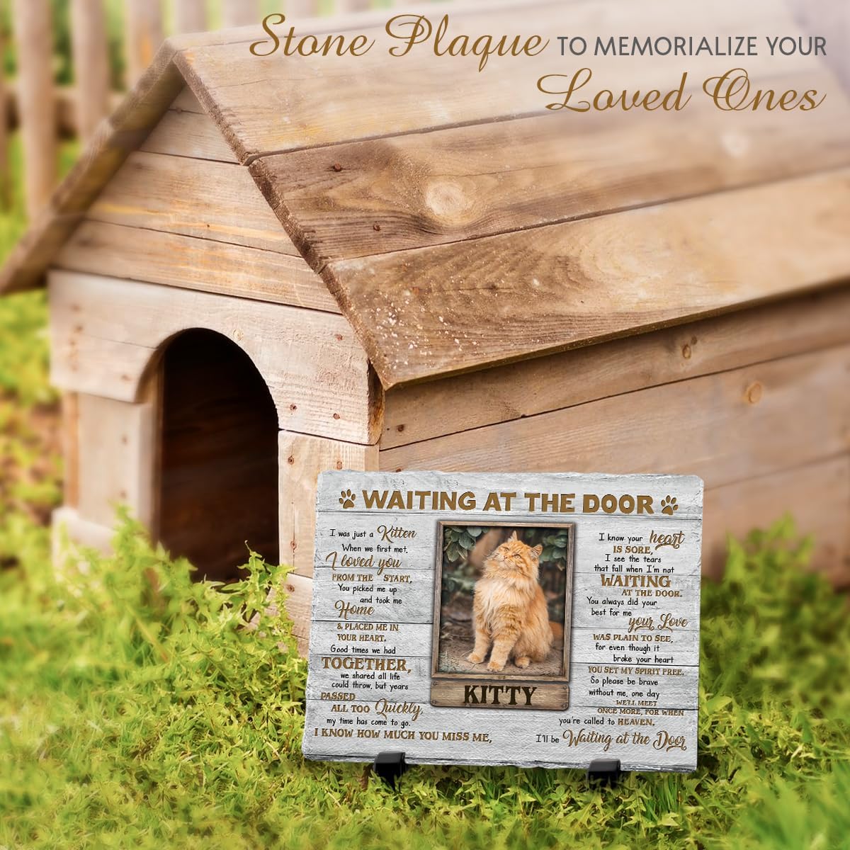 Durable Kilyhome custom pet rock plaque placed outdoors in a garden setting as a grave decoration