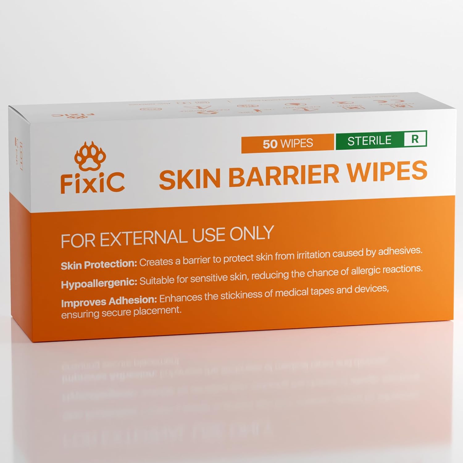 Fixic Skin Barrier Wipes 50 count front view of box for medical adhesive protection.